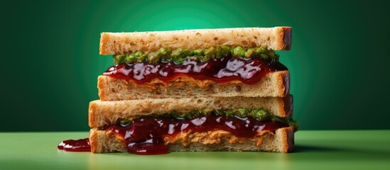 A breakfast sandwich made with toast sunflower seed paste instead of nut butter and vegan organic jam Represents a healthy and allergy friendly food option Copy space image