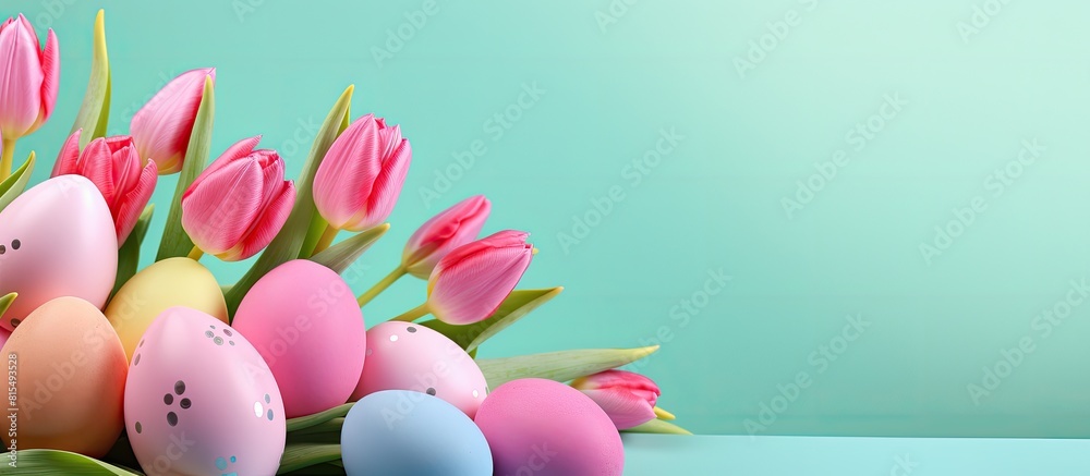 Aufkleber a beautiful easter themed image of colorfully decorated eggs adorned with vibrant tulips set against