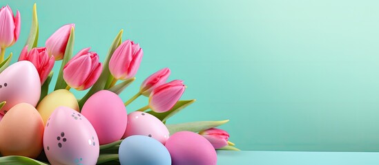A beautiful Easter themed image of colorfully decorated eggs adorned with vibrant tulips set against a pink backdrop with ample copy space