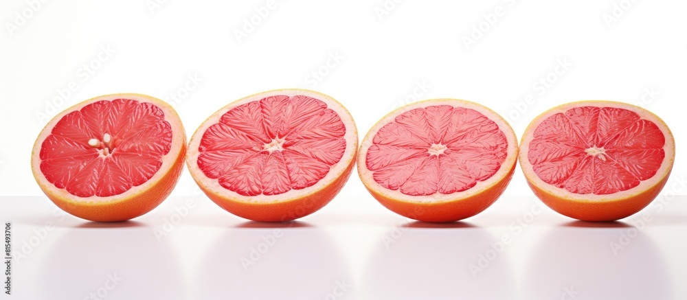 Poster a copy space image featuring four grapefruit halves adorned with cherries set against a white backgr