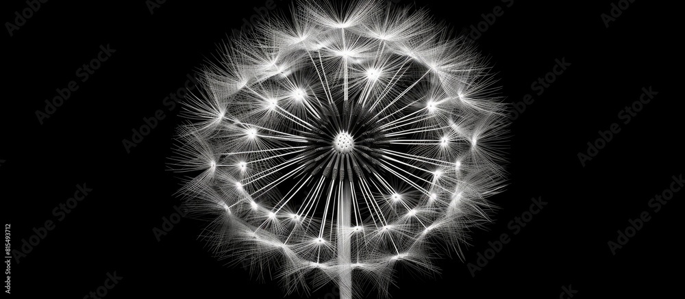 Poster A black and white closeup of a Dandelion flower on a black background creating a negative image with copy space