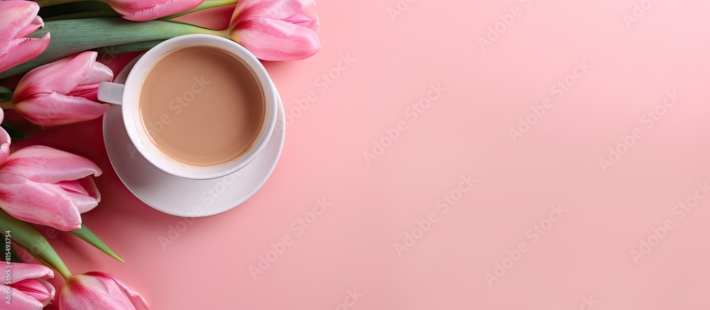 Poster A top view of a pink background featuring a cup of coffee adorned with a tulip creating a visually appealing image with copy space