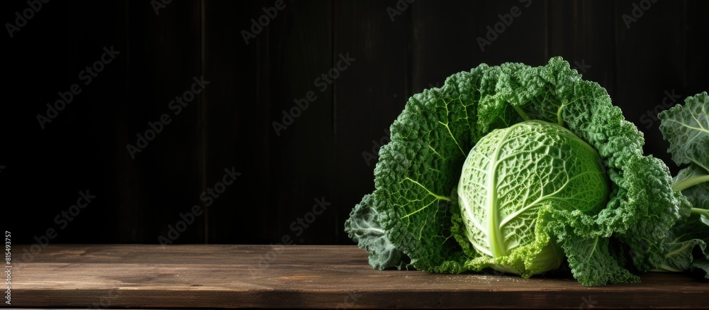 Aufkleber organically grown savoy cabbage on a black wooden table captured in a copy space image