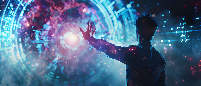 A man is reaching out to touch a glowing orb in a blue and purple background