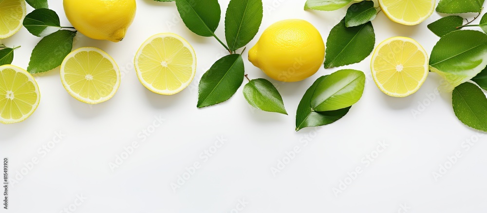 Aufkleber A top down view of lemons and limes arranged on a white wooden table accompanied by fresh green leaves There is ample space for your text in the image