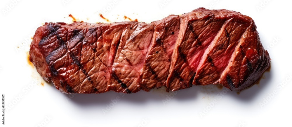 Poster Close up copy space image of grilled meat isolated on a white background offering a top view perspective