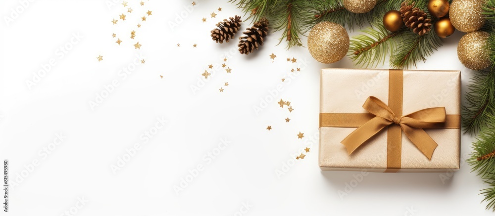 Fototapete a christmas gift box adorned with fir and decorations is showcased on a white background the image o