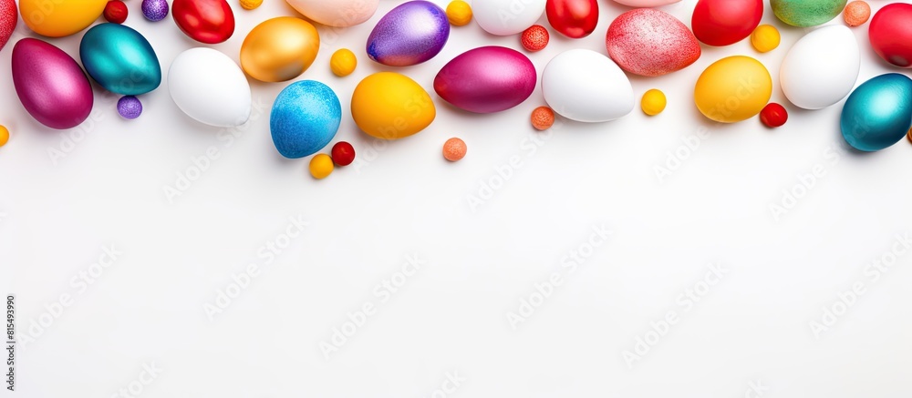 Poster A top view of colorful Easter eggs creates a festive frame on a white background There is ample copy space for additional elements or text