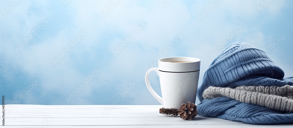 Poster a close up of winter clothing stacked on a table with a blue mug on a white background creating a co