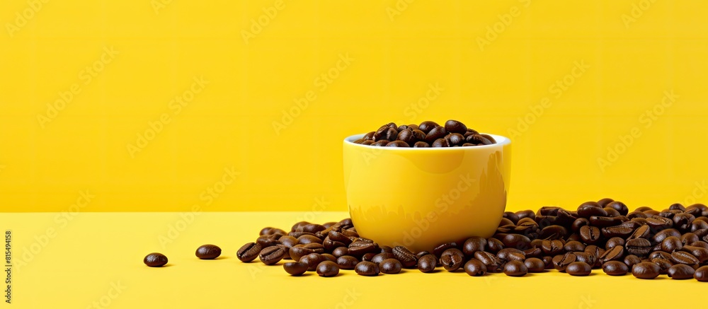 Poster a cup of coffee beans placed on a white surface with a yellow background that offers room for the im