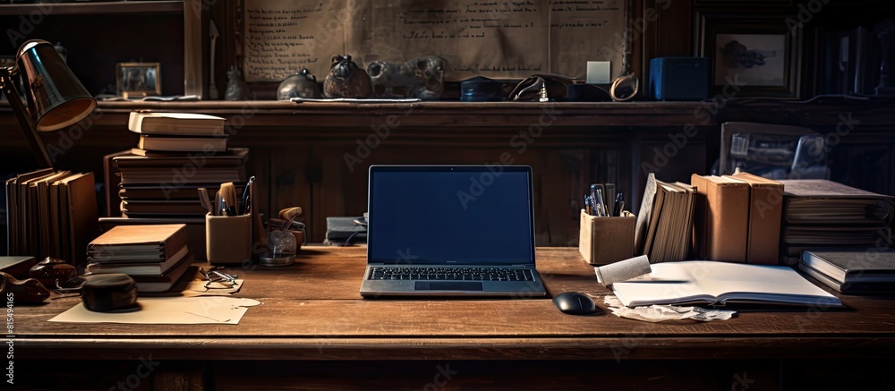 Poster a cluttered wooden desk in an office setting featuring a laptop notebook and pen ready for work. cre