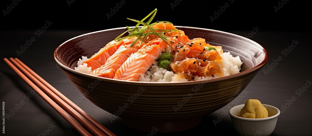 Poster a copy space image featuring a salmon donburi with sliced raw salmon placed on top of cooked rice an