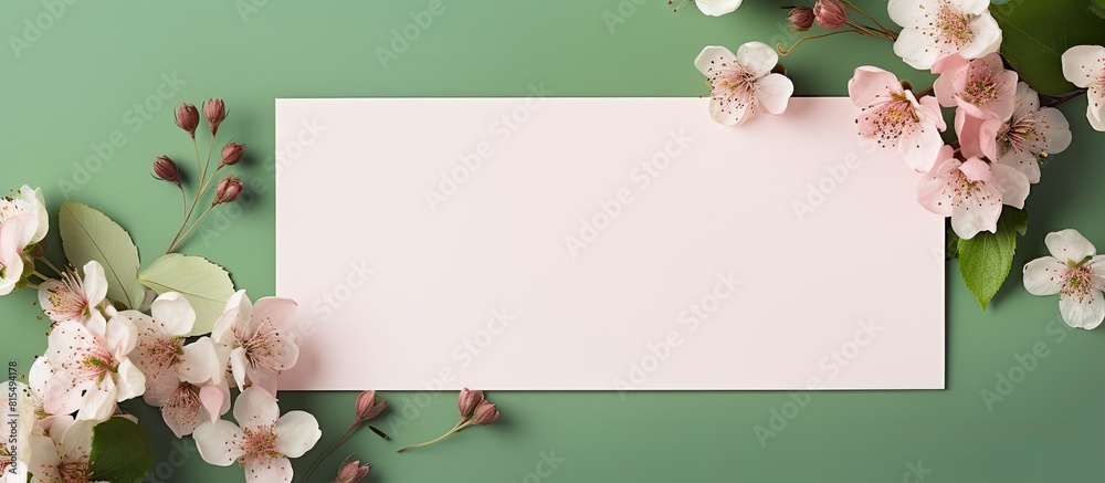 Poster top view of a wedding invitation card mockup template with pink flowers on a green background offeri