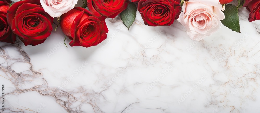 Poster Top view of white and red soap roses resting on a sleek marble backdrop with ample copy space image for text placement