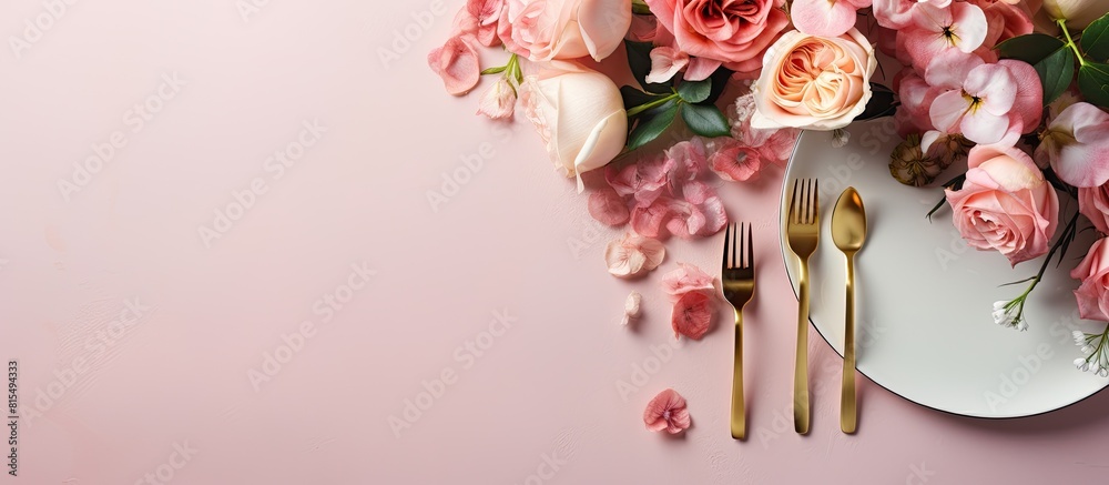 Poster a festive table is set with a white plate and cutlery accompanied by a beautiful floral arrangement 