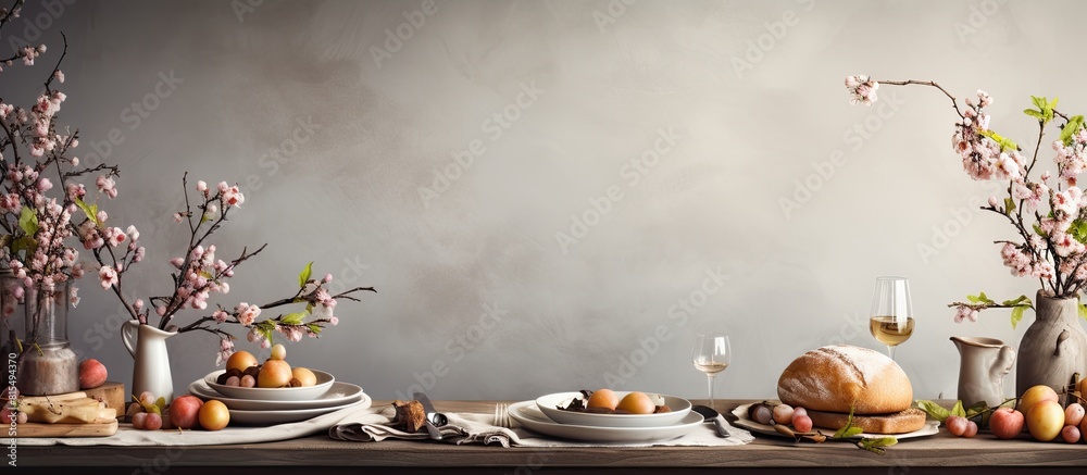 Poster Festive Easter table setting at home featuring a traditional meal with ample space for adding text
