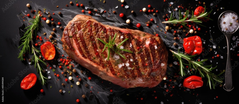 Poster top view of a delicious steak seasoned with spices and herbs served on a black stone background copy