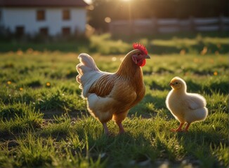 Fototapeta premium a village with chickens, a chicken on the background of a village in close-up, a chicken sitting on the green grass