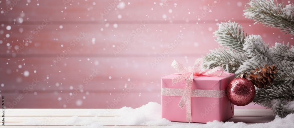 Poster Snow covered Christmas tree branch with a gift box set against a charming pink wooden background providing ample copy space for an image