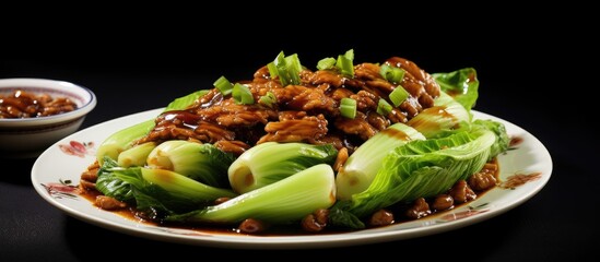 A copy space image of traditional Chinese cuisine featuring lettuce lightly boiled and served with oyster sauce