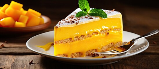 Mango cake with almonds on a white plate served alongside fresh mango slices on a wooden table Copy space image