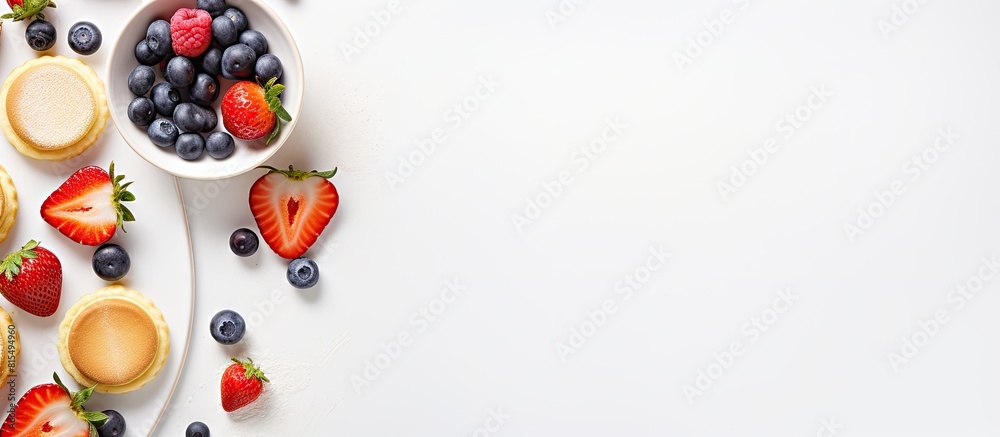 Poster a trendy breakfast featuring tiny homemade pancakes topped with blueberries and strawberries on a wh