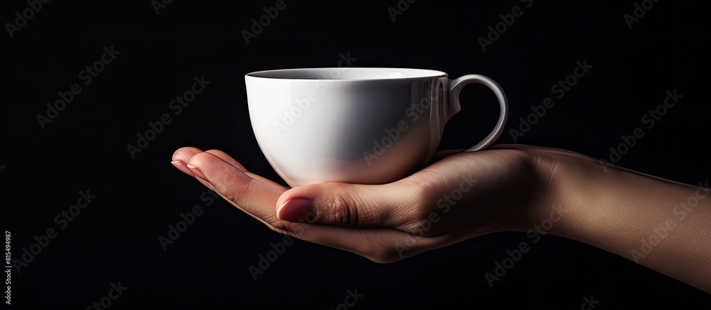 Poster a cup is being held by a female hand with no other objects around captured in a copy space image