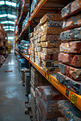 Stacks of bricks for sale in a hardware store warehouse.