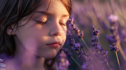 Fototapeta premium A young girl with electric blue eyelashes is gently smelling violet flowers in a field, surrounded by the sweet music of nature. Each petal tickles her jaw as she takes in the serene event AIG50