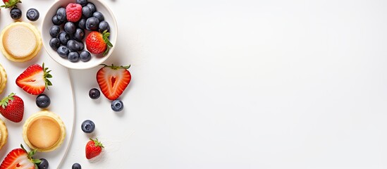 A trendy breakfast featuring tiny homemade pancakes topped with blueberries and strawberries on a white table The view is from above providing plenty of copy space