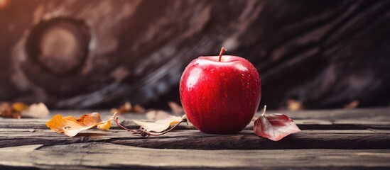 A red apple is seen in the foreground placed on a rustic wooden surface surrounded by dry leaves The composition creates a warm and natural ambiance The image incorporates copy space