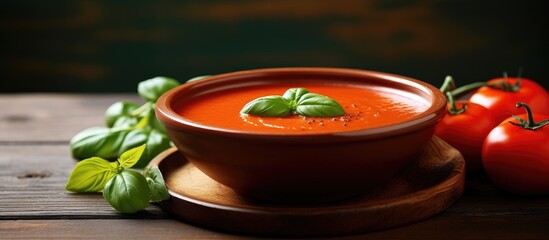 Closeup of a bowl filled with freshly homemade tomato soup on a table with ample space for adding text in the image