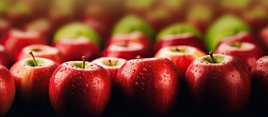 A shallow depth of field image showcases red apples for sale in a market with green apples slightly farther away. Creative banner. Copyspace image