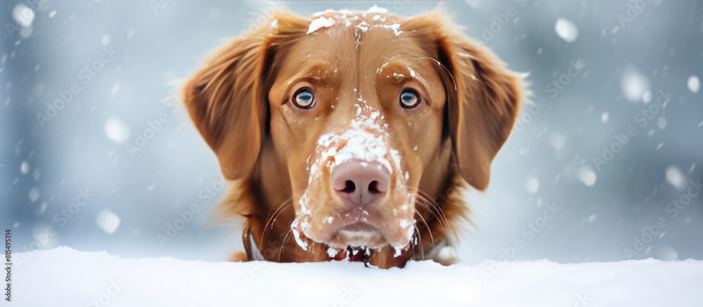 Poster A brown dog with a hilarious expression on its face covered in snow in a winter scenery with snow covered ground A perfect scene for a copy space image 167 characters