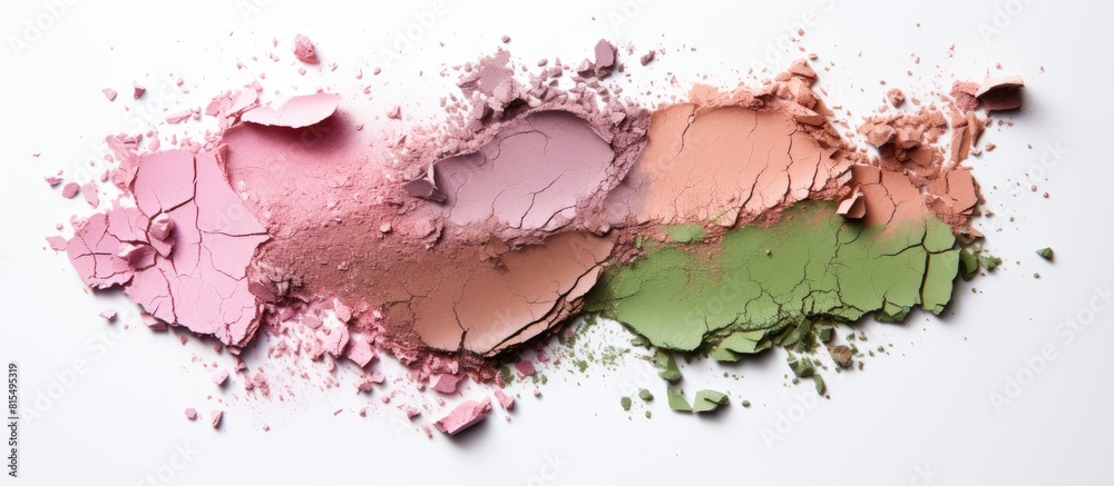 Poster a broken eye shadow palette with smears of pink and green makeup sits alone on a white background it
