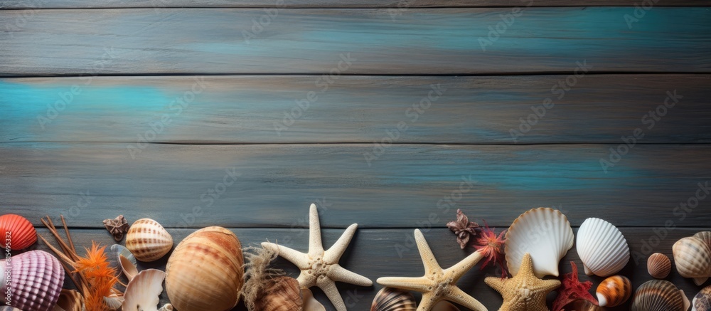 Poster A copy space image featuring sea themed decorations and shells arranged on a rustic wooden background