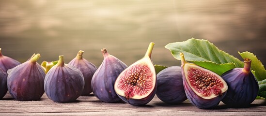 A wooden table is adorned with luscious purple figs offering plenty of room for copy space image