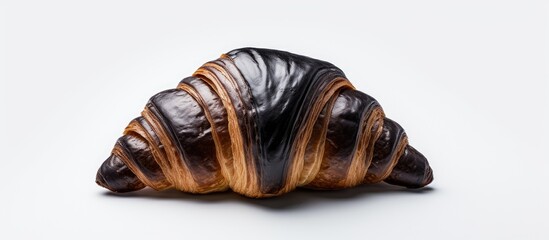 A croissant made with charcoal placed against a white background creating a clean and visually striking image with plenty of copy space