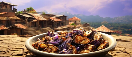 Village style baingan katri with fried eggplants. Creative banner. Copyspace image