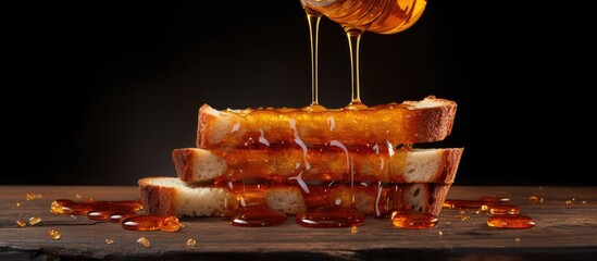A copy space image of honey slowly cascading over a slice of fresh bread against a rustic wooden backdrop