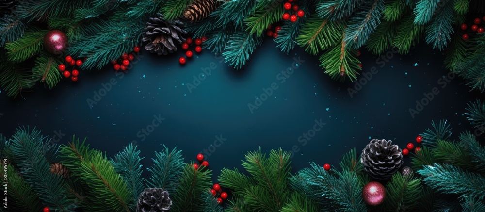 Aufkleber A New Year holiday concept with a colorful background of green fir tree branches seen from above providing ample copy space for designs or text
