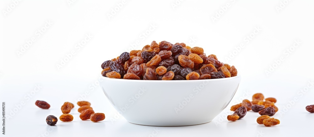 Aufkleber a macro image of a healthy snack consisting of raisins in a bowl placed on a white background provid