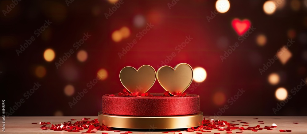 Aufkleber a bright red background with a red podium holds two golden hearts creating a valentine s day celebra