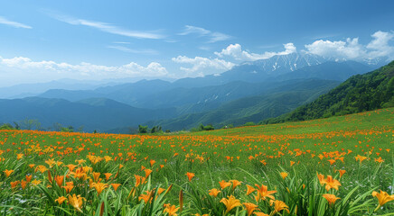 Fototapeta premium A large field covered with Daylily is located on top of beautiful mountains and under blue sky clouds. Generative AI.