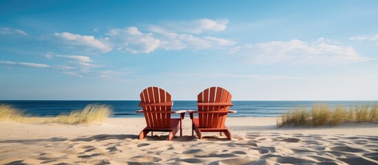 There are empty Adirondack chairs placed on the sandy beach creating a visually appealing copy space image