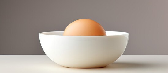 A white bowl filled with a fresh raw egg creating a simple yet striking image with plenty of copy space