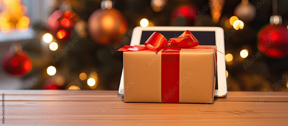 Poster A festive Christmas gift box is displayed on a tablet creating a visually appealing copy space image
