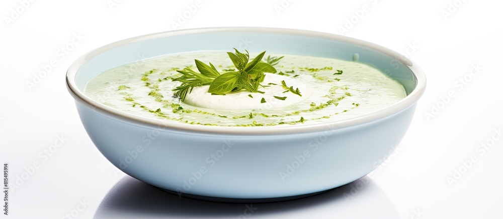 Poster traditional turkish yogurt soup with green sauce in a blue bowl placed on a white background represe