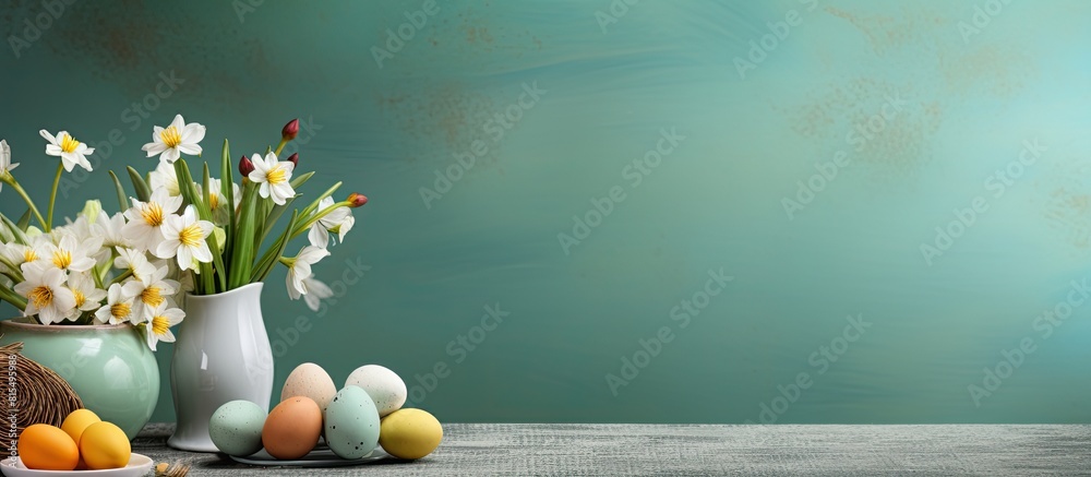 Aufkleber easter themed table with a decorative background and empty space for your personal touch. creative b