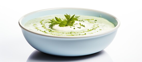 Traditional Turkish yogurt soup with green sauce in a blue bowl placed on a white background Representing the concept and idea of cuisine Copy space image
